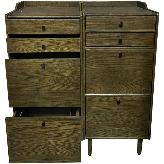 Enhance your space with this Set of 2 Vintage 4-Drawer Tallboys, each 18" wide. Featuring a warm wood finish, clean lines,...