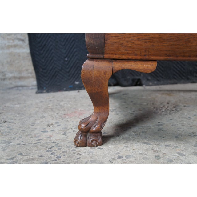Green Antique Victorian Quartersawn Oak Vinyl Reclining Morris Arm Chair Lion Paw Feet For Sale - Image 8 of 14