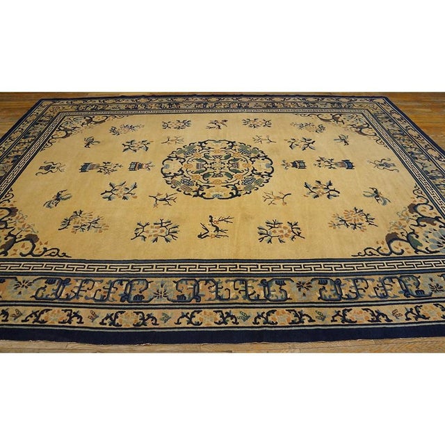 Textile 1920s Beige Floral Classic Greek Key Deco Antique Chinese Peking Knotted Rug For Sale - Image 7 of 10