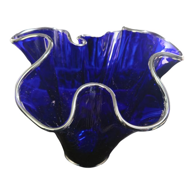 Vintage Mid-Century Modern Murano Style Cobalt Blue Handblown Handkerchief Ruffled Art Glass Vase For Sale