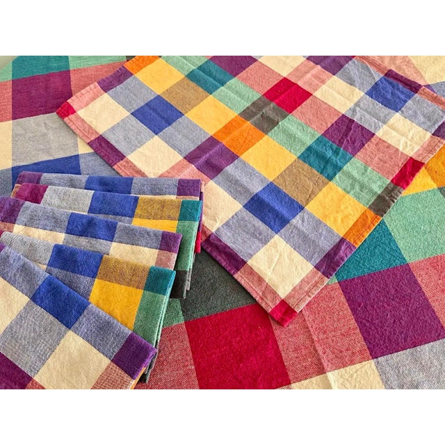 Textile Vintage Dansk Ritva Puotila Cotton Madras Woven Tablecloth and Napkins, Set of 7 Pieces For Sale - Image 7 of 11