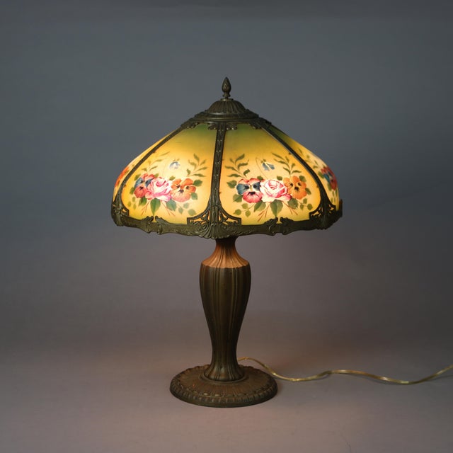 Early 20th Century Antique Bradley & Hubbard Arts and Crafts Reverse Painted Floral Lamp Signed For Sale - Image 5 of 12