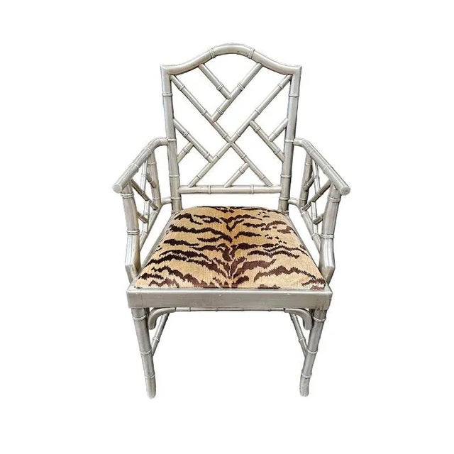 Hollywood Regency Vintage Chippendale Faux Bamboo Arm Chairs - a Pair For Sale - Image 3 of 8