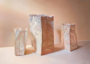 Tres Bolsas De Papel en Diagonal, Photorealistic Signed Oil Painting by Gustavo Schmidt