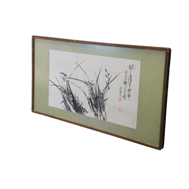 Chinese Mid 20th Century Vintage Chinese Orchid Flower Landscape Scroll Poem & Painting 37", Framed For Sale - Image 3 of 12