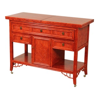 Thomasville Asian Inspired Faux Rattan Painted Server Cart For Sale