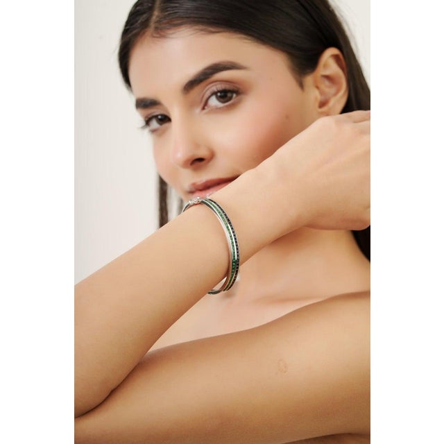 Blue 925 Sterling Silver Emerald & Blue Sapphire Gemstone Bangle Bracelet For Sale - Image 8 of 12