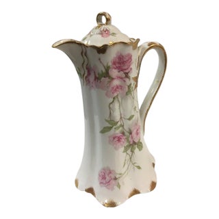 Antique Haviland Limoges French Chocolate Pot W/ Pink Rose Motif & Ribbon Handle For Sale