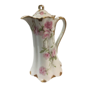 Antique Haviland Limoges French Chocolate Pot W/ Pink Rose Motif & Ribbon Handle