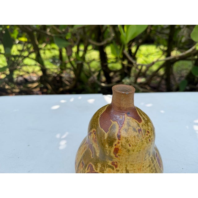 Vintage 5” Organic Studio Pottery Bottle Vase in Olive Drip Glaze For Sale - Image 11 of 11