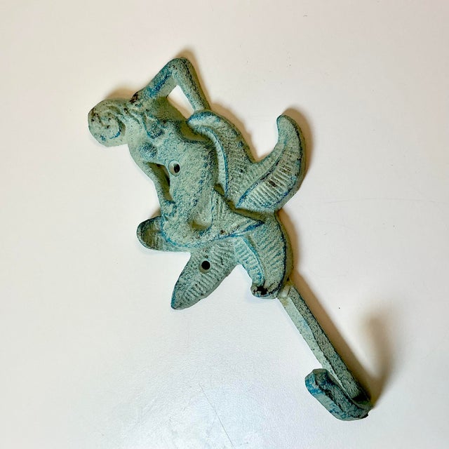 1970s Vintage Nautical Coastal Cast Iron Verdigris Mermaid Wall Hook. For Sale - Image 15 of 16
