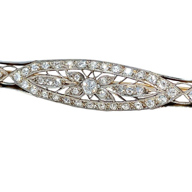 Antique Art Deco 14k Two-Tone Gold Milgrain Filigree 2.75cts Diamond Bar Brooch For Sale - Image 9 of 10
