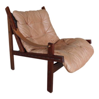 Vintage Leather Teak Sling Accent Club Chair For Sale