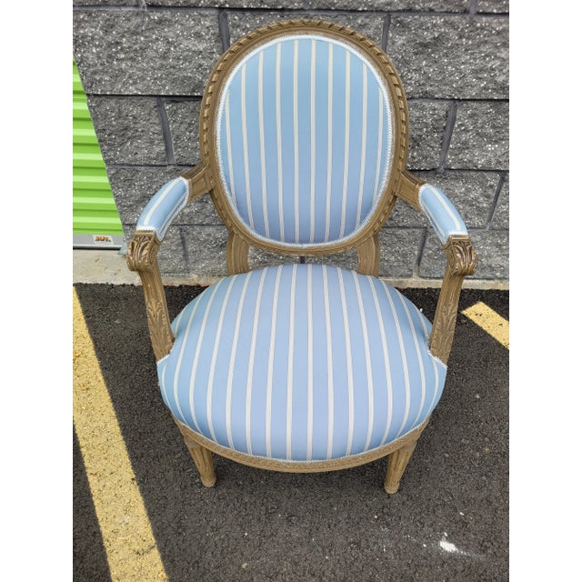 French Louis XVI-Style Painted Blue Silk Chair For Sale - Image 9 of 10