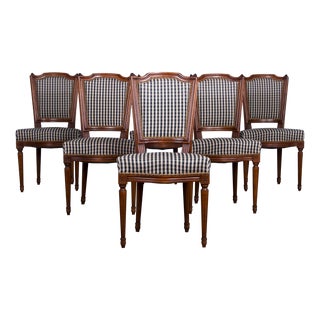 Antique French Louis XVI Style Maple Dining Chairs W/ Plaid Fabric - Set of 6 For Sale