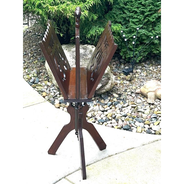 1900 - 1909 Antique Mahogany, Double-Sided, Rotating Magazine/Book/Sheet Music Carrier, With Intricately Carved Fretwork Panels, Turned Handle and a Tripod Column For Sale - Image 5 of 12