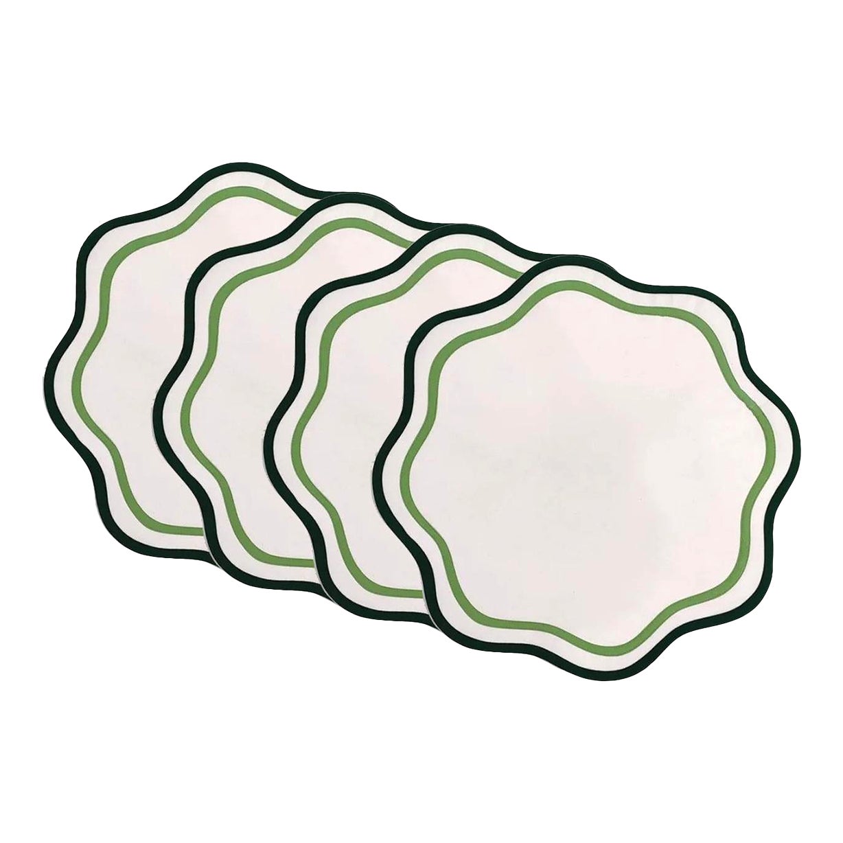 Handmade Round Scalloped White Placemats with Double Piping, Greens