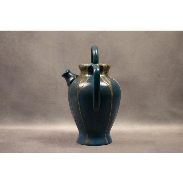 Large Art Nouveau Goat Figurine in Duck-Blue Glazed Stoneware with Drips by Léon Pointu for Saint-Amand-en-Puisaye, 1920s For Sale - Image 4 of 10