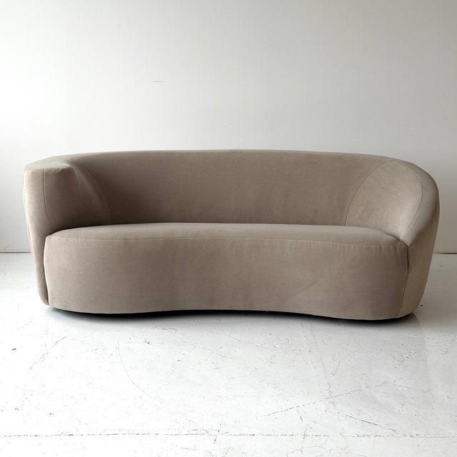 c. 1980s. USA. Reupholstered in beige mohair. Tagged Directional. Original example designed by Vladimir Kagan