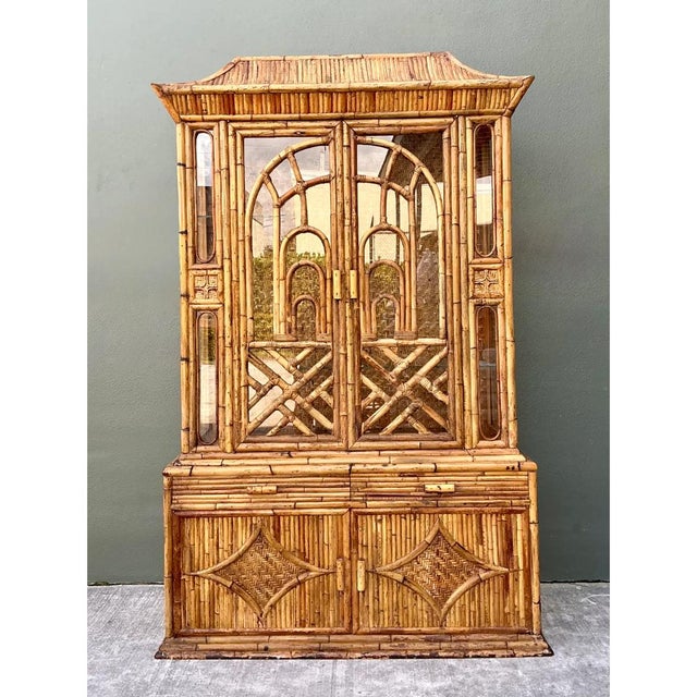 Chinoiserie Vintage Chinoiserie Pagoda Rattan China Cabinet For Sale - Image 3 of 12