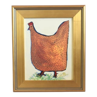 Folk Art Chicken Hen Painting by Ruth Arenz Including the Antiqued Gold Wood Frame For Sale