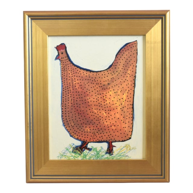 Folk Art Chicken Hen Painting by Ruth Arenz Including the Antiqued Gold Wood Frame For Sale