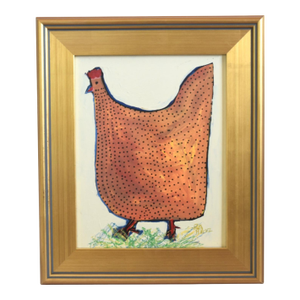 Folk Art Chicken Hen Painting by Ruth Arenz Including the Antiqued Gold Wood Frame