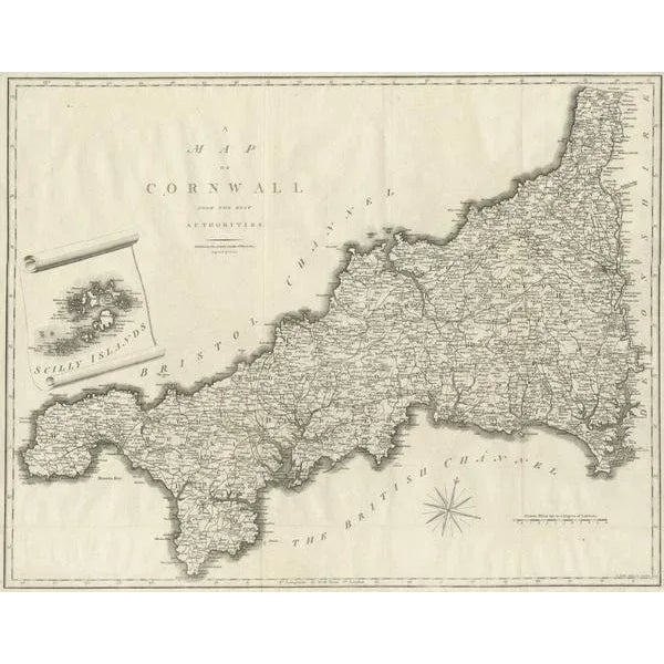 Large Antique County Map of Cornwall and the Isles of Scilly, 1805 For Sale - Image 3 of 6