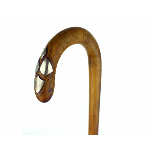 Antique Hand-Carved Hardwood Gentleman Walking Cane With Inlaid Silver Motifs For Sale - Image 4 of 6