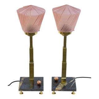 Art Deco Lamps with Pink Lampshades, 1940s, Set of 2 For Sale