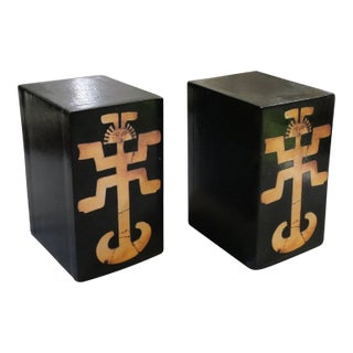 Pair of Vintage Mid 20th Century Contemporary Style Pre-Columbian Toloma Anthropomorphic Motif Leather Covered Weighted Bookends For Sale