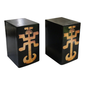 Pair of Vintage Mid 20th Century Contemporary Style Pre-Columbian Toloma Anthropomorphic Motif Leather Covered Weighted Bookends