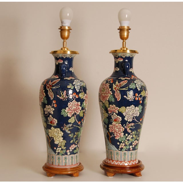 Ceramic Famille Rose Vase Lamps Chinese Porcelain Blue Fond Oriental Table Lamps - A Pair For Sale - Image 7 of 14