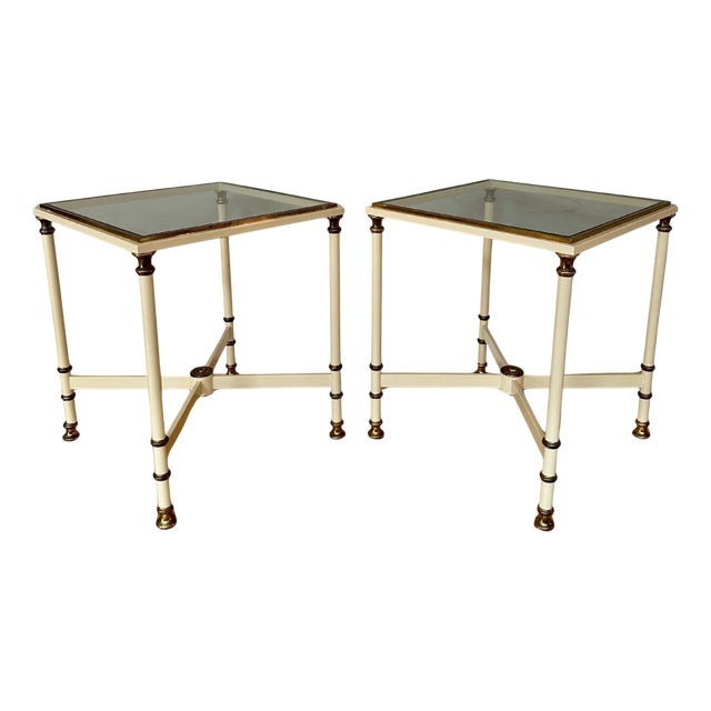 French Cream Lacquered and Brass Side Tables, 1970s, Set of 2 For Sale