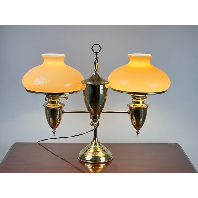 Antique Bradley and Hubbard Brass Double-Arm Student Lamp With Carmel Shades For Sale - Image 12 of 12