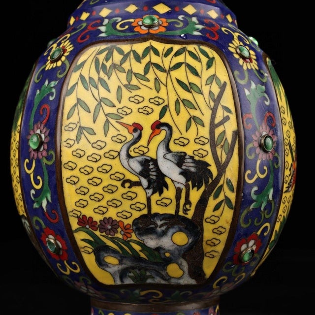 Late 20th Century Monumental Vintage Chinese Cloisonné Enamel "Cranes & Bamboo" Vase - 3940g, 40cm For Sale - Image 5 of 9
