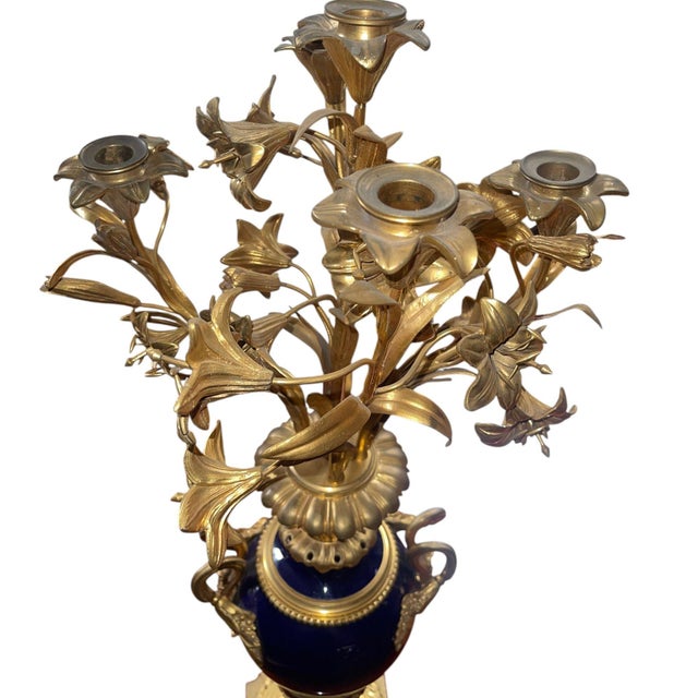 19th Century Pair of French Bronze & Deep Cobalt Porcelain Candelabras. 19th Century. For Sale - Image 5 of 8