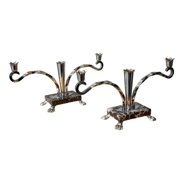 Art Deco Style Candelabras in Chrome and Marble, Sweden, 1950s, Set of 2 For Sale
