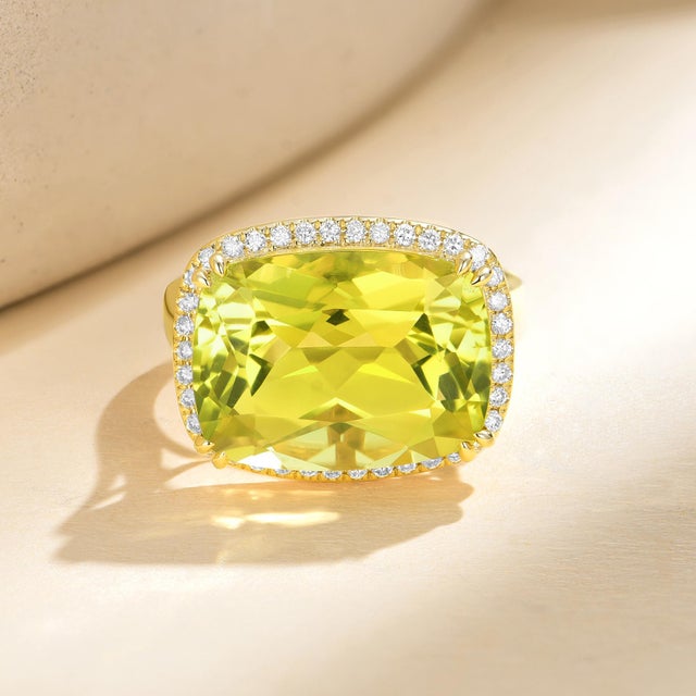 Kai Fine Jewelry Kai Reflection 11.3ctw Old Mine Cut Natural Lemon Quartz & Diamond Ring in 14k Gold (All Sizes Available) For Sale - Image 4 of 9