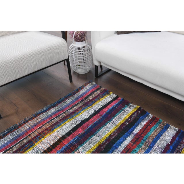 Textile Vintage Turkish Oushak Handmade Wool Cotton Blue Kilim Area Rug For Sale - Image 7 of 11