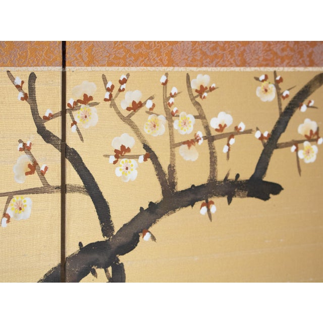 Goldenrod C. 1970s Showa Era Japanese Painted Silk Byobu Screen "Pheasants and Sakura" For Sale - Image 8 of 18