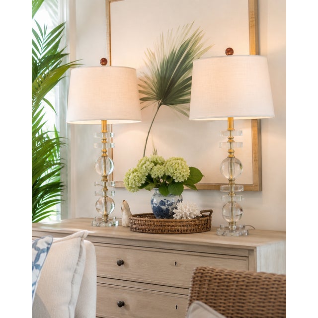 Swedish Style Stacked Crystal Glass And Brass Table Lamps - a Pair Kindly note photo number two (2) is a digital rendering...