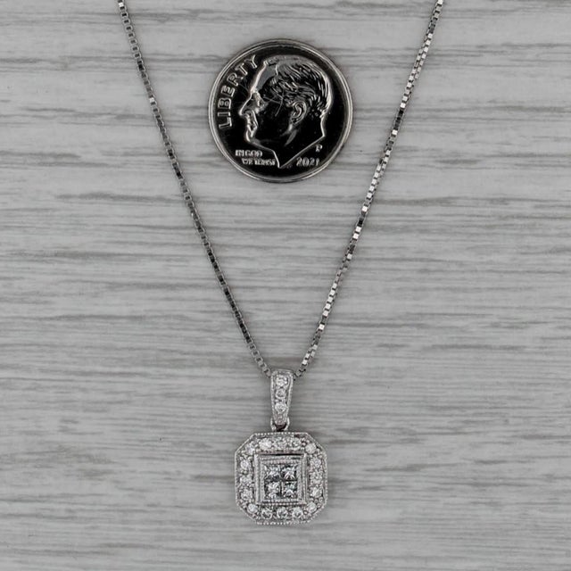 Modern 0.50ctw Princess Diamond Halo Pendant Necklace 14k White Gold 18" Box Chain For Sale - Image 3 of 6