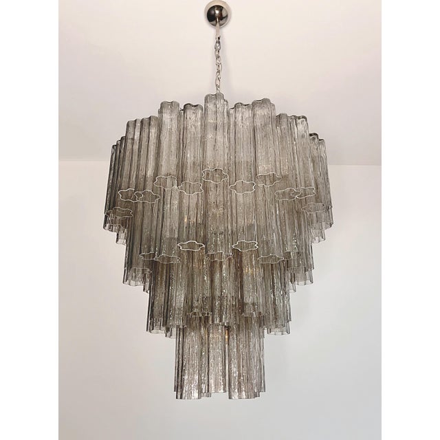 Mid-Century Modern Italian Murano Glass Chandelier, 4-Tier Smoked Glass Tubes, Polished Nickel For Sale - Image 3 of 5