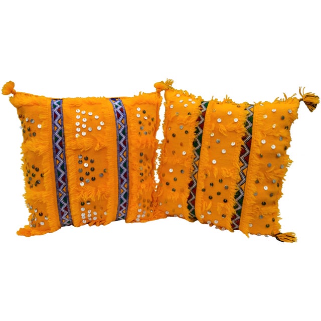 Gorgeous pair of Moroccan silk and wool pillows handwoven by the Berbers of the High Atlas Mountains. Featuring ornate...