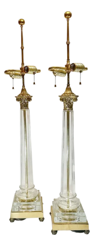 Mid Century Crystal and Brass Lamps - A Pair