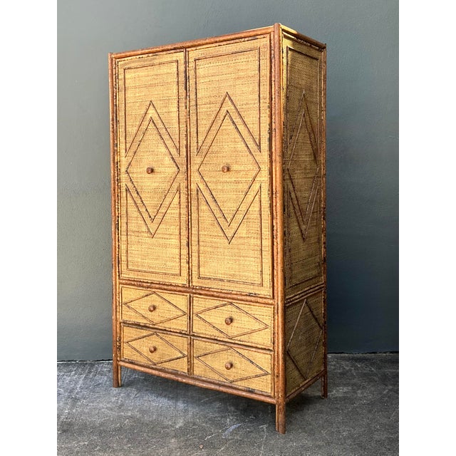 Hollywood Regency Vintage Tortoise Rattan Diamond Armoire For Sale - Image 3 of 12