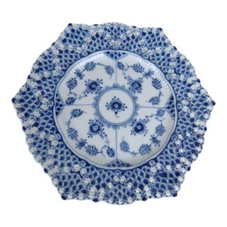 Vintage Royal Copenhagen Blue Fluted Double Full Lace Hexagonal Plate No. 1094 First Quality 1975 to 1979 For Sale