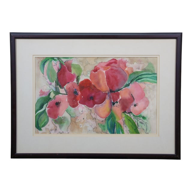 Vintage Nancy Rhodes Pink Red Floral Watercolor Painting 29" For Sale