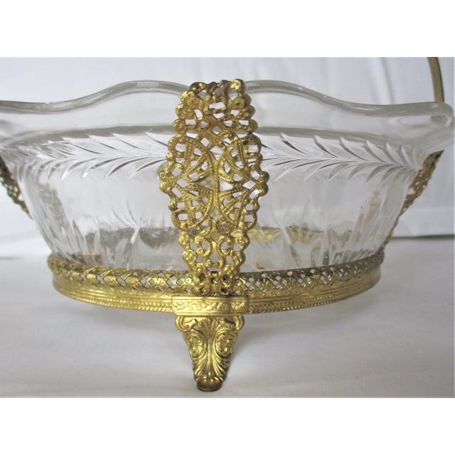 Art Nouveau Antique 1900s Gold Ornate Metal Frame and Crystal Bowl Star Bust Pattern Brides Basket For Sale - Image 3 of 9
